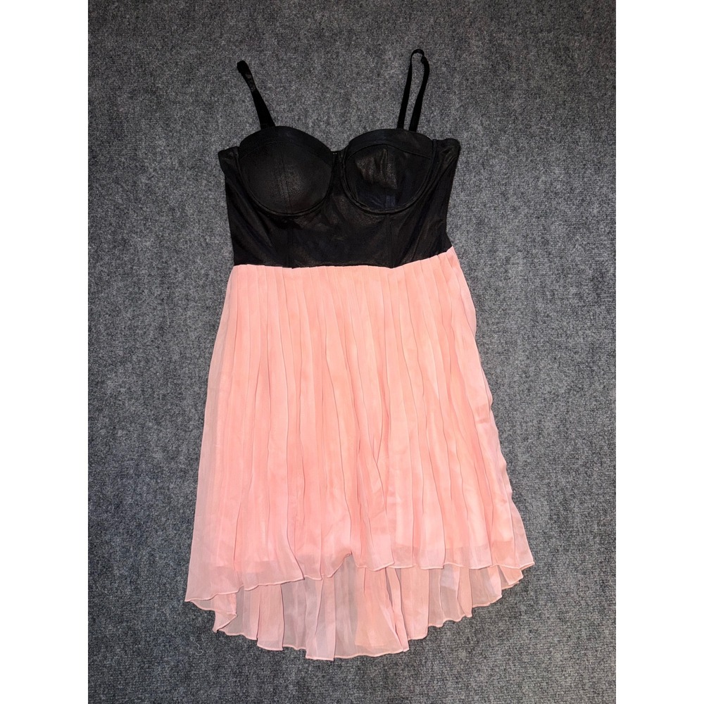 Y2K Material Girl Black Faux Leather Bustier Pink Pleated High Low Mini Dress L